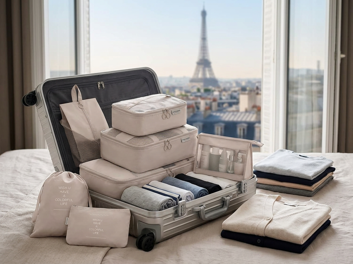 OSDUE Organisateur Valise, Organisateur de Voyage, Lot de 8 Organiseurs de Bagage pour Voyage,Différents Tailles des Cubes Étanche Sacs de Voyage Rangement (Beige) en situation OSDUE Organisateur Valise, Organisateur de Voyage, Lot de 8 Organiseurs de Bagage pour Voyage,Différents Tailles des Cubes Étanche Sacs de Voyage Rangement (Beige) en situation