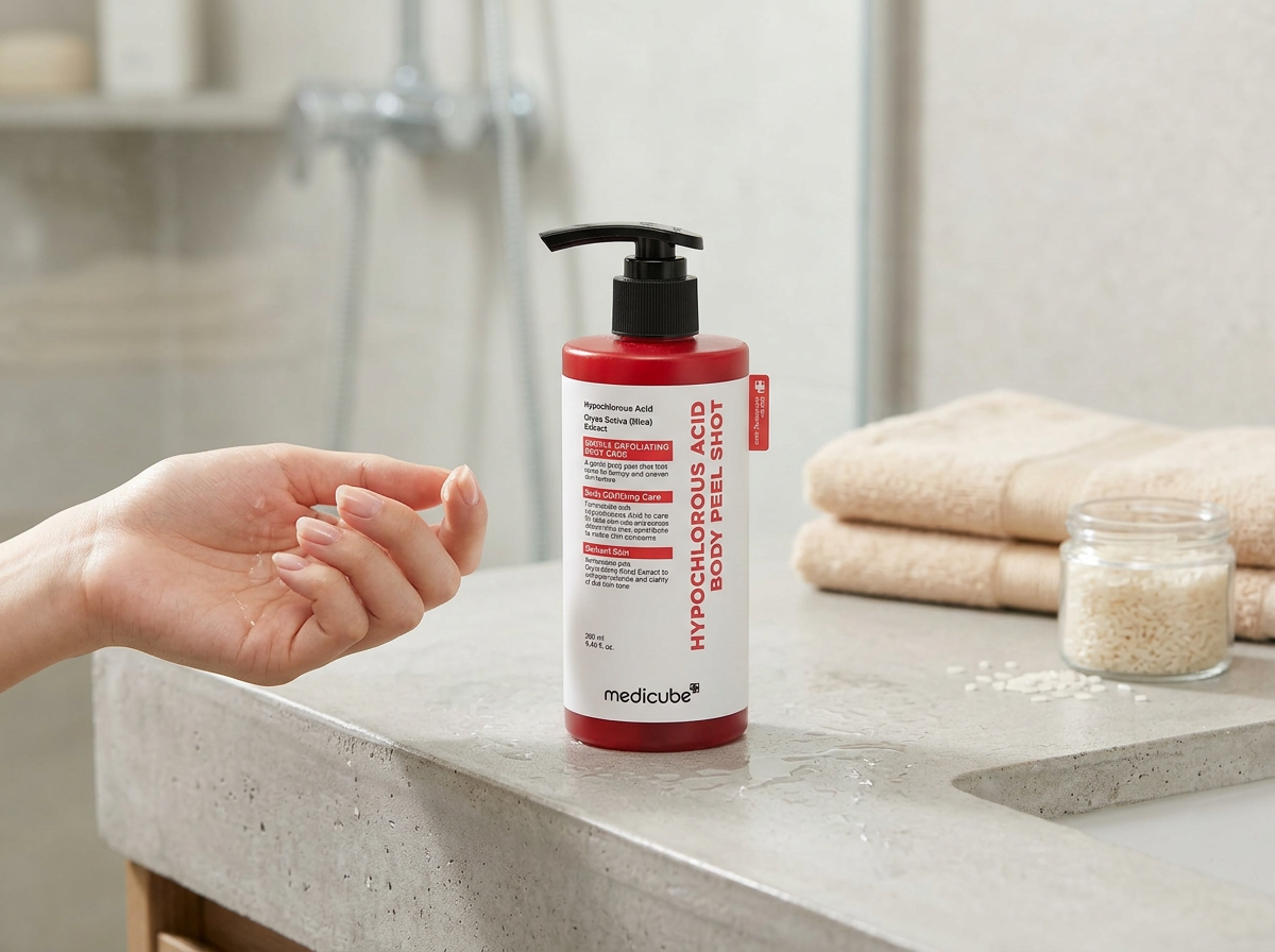 medicube Body Peel Shot with Hypochlorous Acid | Gentle Body Exfoliating Serum for Dead Skin Cells, Rough Patches & Uneven Texture | Rice Extract, Panthenol for Hydrating & Smoothing Care | 9.46 fl.oz en situation medicube Body Peel Shot with Hypochlorous Acid | Gentle Body Exfoliating Serum for Dead Skin Cells, Rough Patches & Uneven Texture | Rice Extract, Panthenol for Hydrating & Smoothing Care | 9.46 fl.oz en situation
