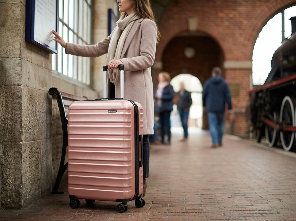 Amazon Basics Valise Rigide Moyenne - Bagage de Voyage Extensible ABS avec 4 Roulettes Doubles Pivotantes - Résistante aux Rayures et Légère - 68 x 45,1 x 28,6cm - Or Rose en situation Amazon Basics Valise Rigide Moyenne - Bagage de Voyage Extensible ABS avec 4 Roulettes Doubles Pivotantes - Résistante aux Rayures et Légère - 68 x 45,1 x 28,6cm - Or Rose en situation