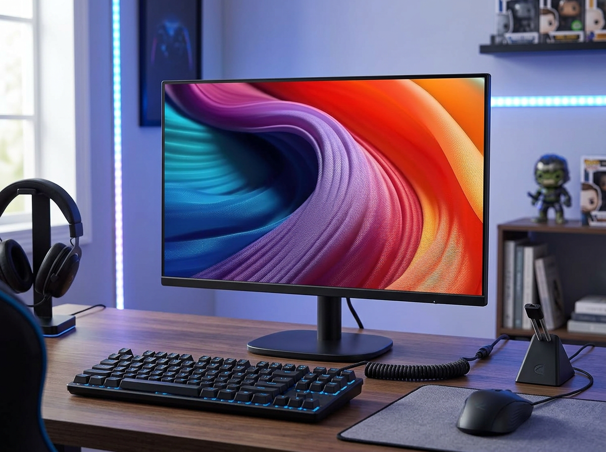 Amazon Basics Écran 24", FHD 1080p, Max 100 Hz, Compatible VESA, Haut-parleurs intégrés, Noir en situation Amazon Basics Écran 24", FHD 1080p, Max 100 Hz, Compatible VESA, Haut-parleurs intégrés, Noir en situation